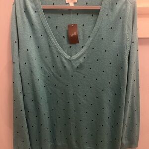 J. Jill Teal V-Neck Sweater with Black Polka Dots